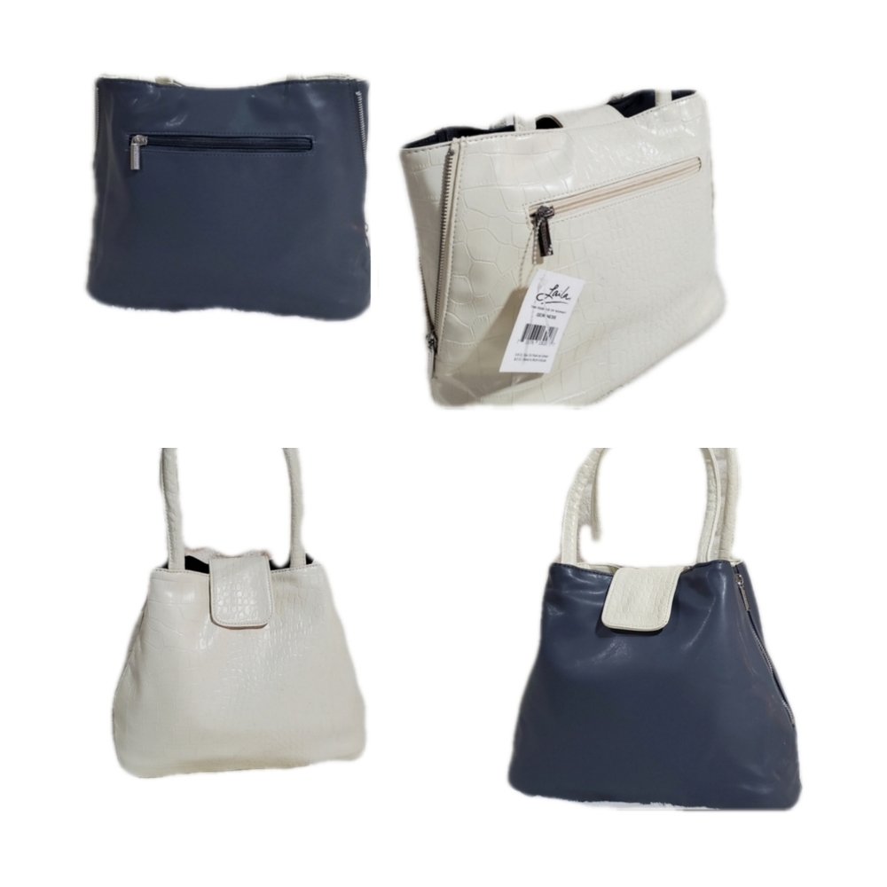 GEIR NESS Laila Norway REVERSIBLE Handbag Purse Vegan Leather Blue Cream